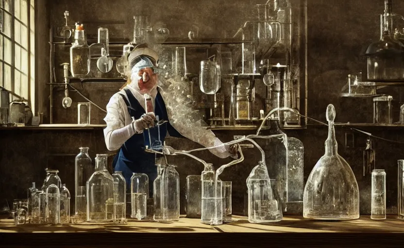 Prompt: in the styles of Jonathan Knowles,Mat Collishaw, Henry Hargreaves,Evelyn Bencicova, Tatiana Skorokhod, Krista van der Niet, and Olivia Parker. A digital photograph of an old alchemist working in dusty old laboratory with flasks and glassware and spilling substances. Hyper-realism, chemistry, caustics, liquids, acids, photography, sun light, wide angle, still life photography.