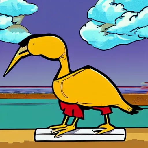 Image similar to a dodo wearing street clothes, a backwards ballcap and gold chain around its neck, on a hover board at a skate park at the beach, 1990s cartoon, anime style