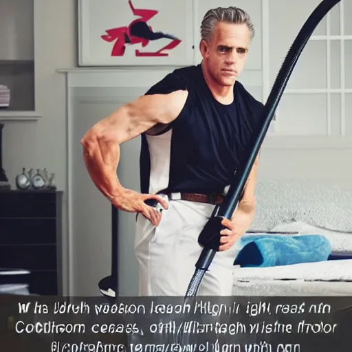 Image similar to Jordan Peterson cleans his room with a vacuum, motivational workout poster, high detail, realistic, mid shot, open