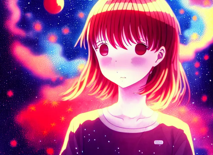 Image similar to anime full portrait of a young girl floating inside a nebula ,omoide emanon, tsuruta kenji, murata range,kawaii, kyoto animation, manga, intricate, detailed, studio lighting, orange red black white, gradation,editorial illustration, matte print, Ilya Kuvshinov