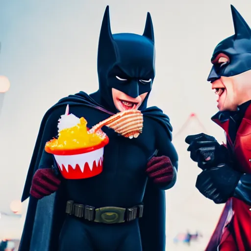 Prompt: batman and robin having fun at a carnival together laughing enjoying ice cream, 4 k