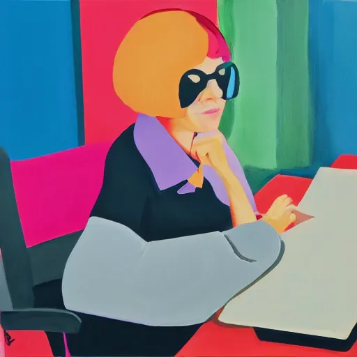 Prompt: realist gouache portrait of. 35 year old woman programming on a computer, vivid colors