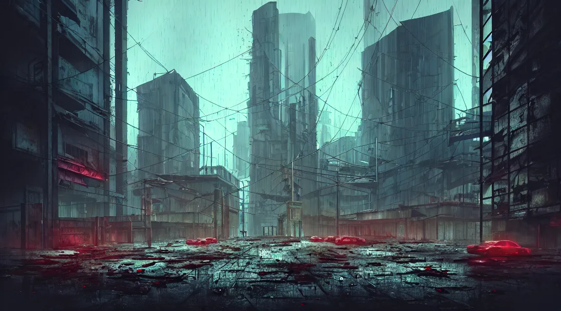 Image similar to post apocalyptic city building, raining, building, avenue, modern contemporary urban americana concrete architecture, by pascal blanche, neil blevins, cyberpunk color scheme, trending on artstation, photorealistic, neon ambiance, ultra detailed, high definition, depth of field, bokeh, rubble, wild vegetation, blood stains, building crumbling, post - apocalyptic warriors