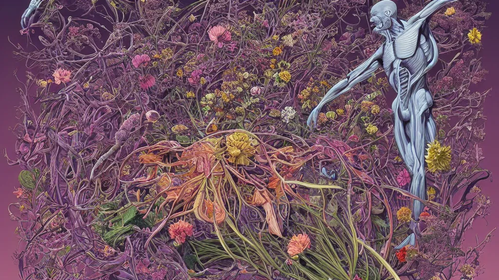 Image similar to highly detailed illustration of a human anatomy body exploded by all the known species of flowers by juan gatti, by moebius!!,, by oliver vernon, by joseph moncada, by damon soule, by manabu ikeda, by kyle hotz, by dan mumford, by kilian eng