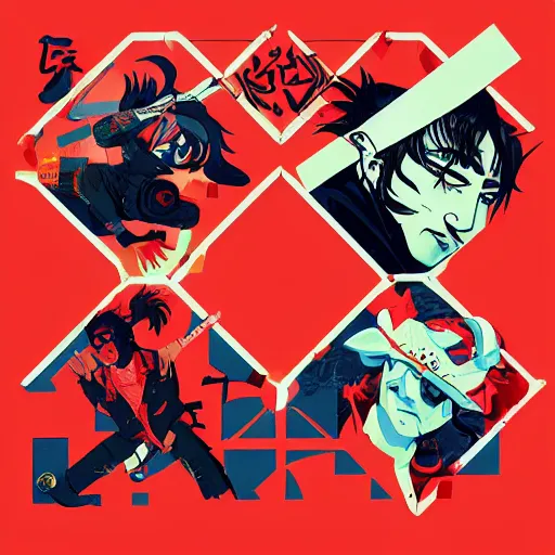 Image similar to Playboi Carti and Lil Uzi Vert, Ninja Scrolls, Geometric 3d shapes, Gang, Pistol, Blood, red smoke, by Sachin Teng, Trending on artstation