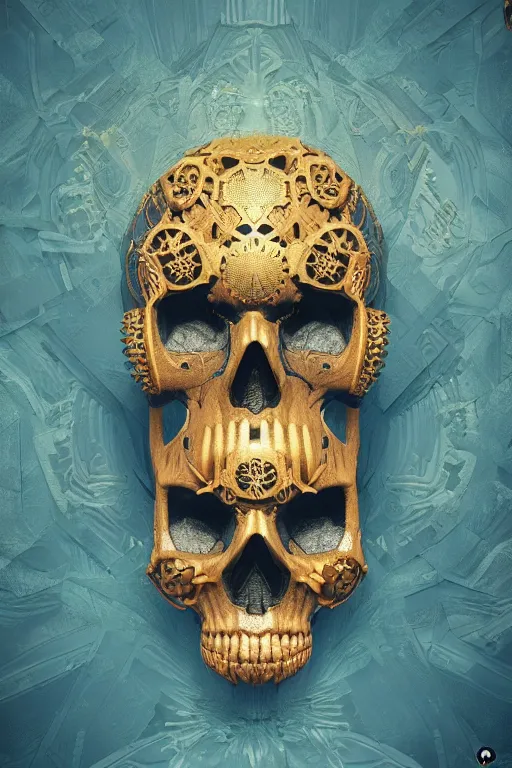 Prompt: conceptart 3 d render skull, the skull is decorated with art deco gears patterns, hyperrealistic, volumetric lighting, ultra detailed, elegant, octane render, blue and gold, 8 k, trending on artstation, unreal engine