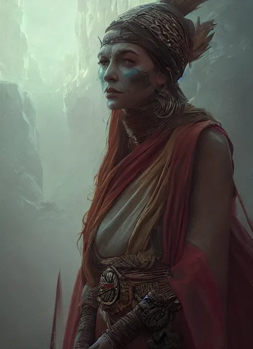 Prompt: portrait, female ancient shaman, dramatic lighting, cinematic, establishing shot, extremly high detail, foto realistic, cinematic lighting, post processed, concept art, artstation, matte painting, style by eddie mendoza, raphael lacoste, alex ross