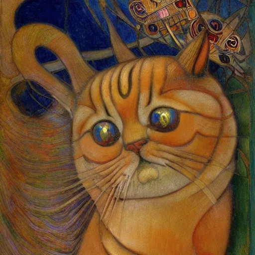 Image similar to masterpiece painting of a mechanical cloisonne cat head sculpture, by annie swynnerton and diego rivera and janet fish and nicholas roerich and jean delville, symbolist, dramatic lighting, god rays, art brut, rich colors, smooth, sharp focus, extremely detailed, adolf wolfli and ( donato giancola and bilibin )