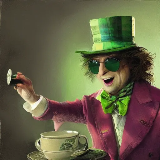 Prompt: the mad hatter, wearing shades, wearing green cloths, drinking tea, by Craig Mullins