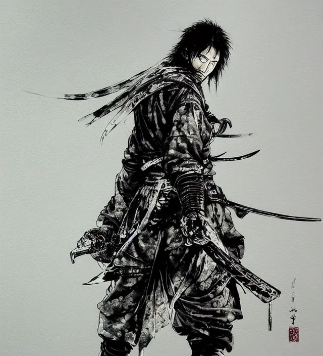 Image similar to heavenly lone samurai, painting, by greg ruthowski, yoshikata amano, yoji shinkawa, alphonse murac, collaborative artwork, beautifully drawn, heavily detailed