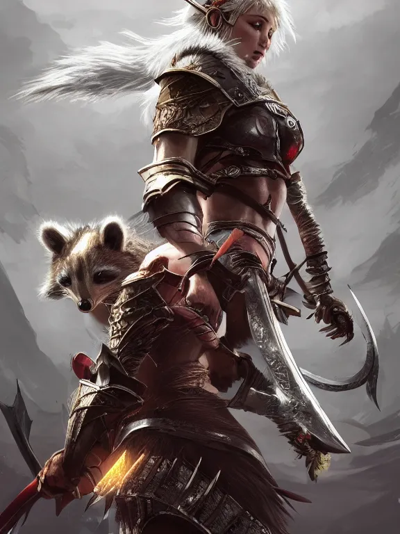 Image similar to a beautiful hyper realistic detailed epic game cover despising a women knight guided by the spirit of the great raccoon, in the style of dragon age, concept art, featured on artstation