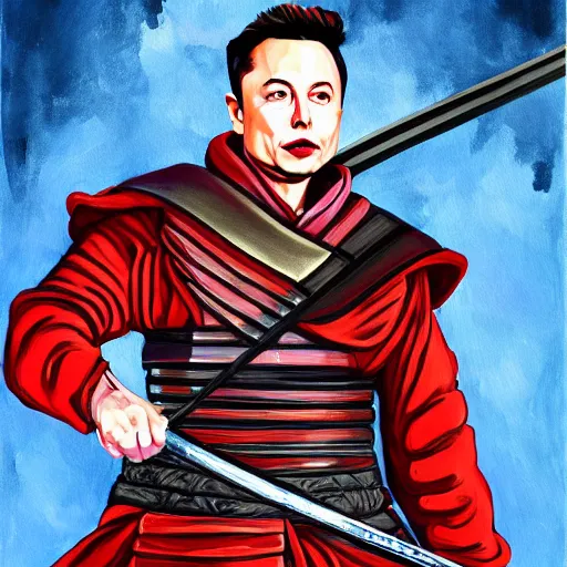 Image similar to a painting of elon musk in samurai armor and holding a katana in his hands, 4 k, hyper realistic, dslr, high resolution, landscape, beautiful