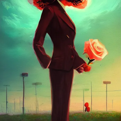 Image similar to closeup, huge rose flower on head, frontal, girl in a suit, surreal photography, sunrise, dramatic light, impressionist painting, digital painting, artstation, simon stalenhag