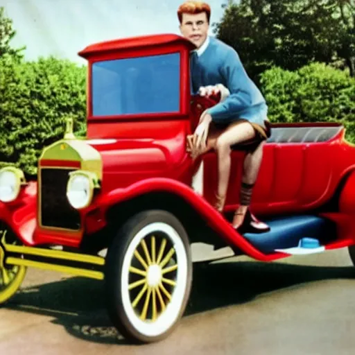 Prompt: Archie Andrews driving a red Ford Model T