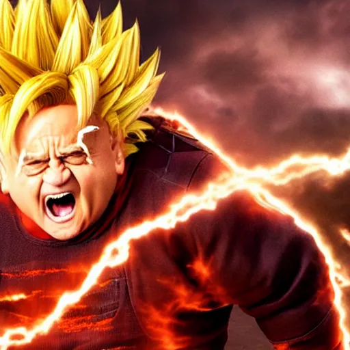 Prompt: Danny Devito goes super saiyan, marvel studios, pixar, film still