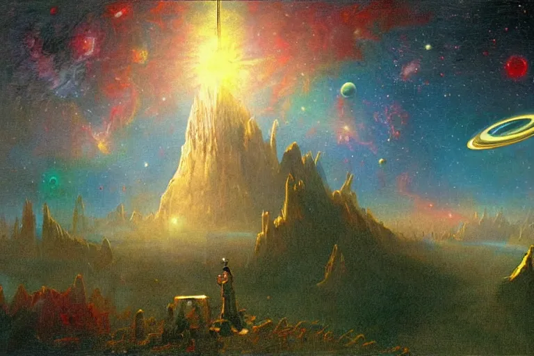 Image similar to miskatonic university big bang landscape in the style of dr. seuss,'2 0 0 1 a space odyssey ', painting by albert bierstadt