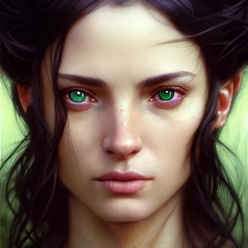 Prompt: face portrait of a very beautiful girl, fair skin, green eyes, black long hair, realistic face, no lipstick, ultra realistic, concept art, intricate details, eerie, highly detailed, photorealistic, octane render, 8 k, unreal engine. art by artgerm and greg rutkowski and charlie bowater and magali villeneuve and alphonse mucha