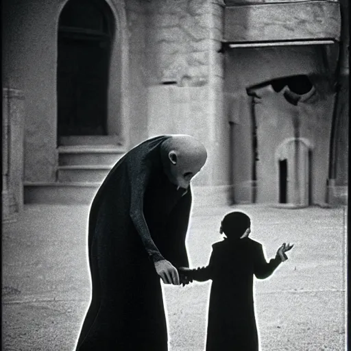 Image similar to portrait of nosferatu playing with his kid, realistic detailed photography, kodak 5 2 1 9 film, 5 0 mm lens