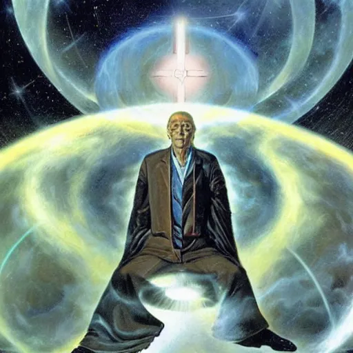 Prompt: a powerful psychic man emitting psychic powers, by peter elson,