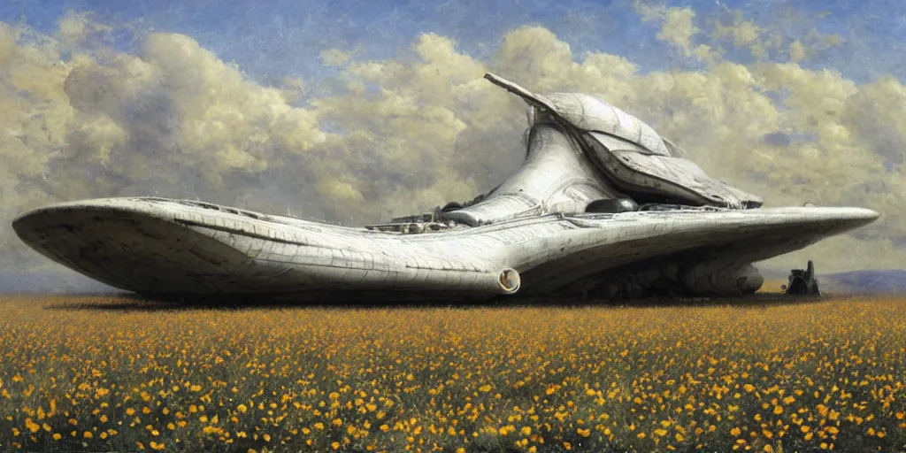 Prompt: Fernand Khnopff super technologies white giant spaceship starship battlestar airship superstructure deck, landed laying in center on tansy wormwood field, mountains afar by Fernand Khnopff by john berkey, oil painting, concept art, interstellar movie