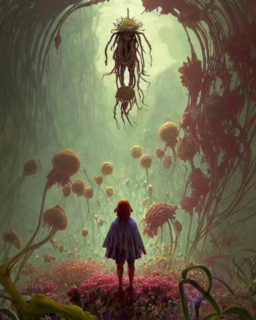 Prompt: the platonic ideal of flowers, rotting, insects and praying of cletus kasady carnage davinci dementor chtulu mandelbulb ponyo alice in wonderland dinotopia watership down botw, fantasy, ego death, decay, dmt, psilocybin, concept art by greg rutkowski and simon stalenhag and alphonse mucha