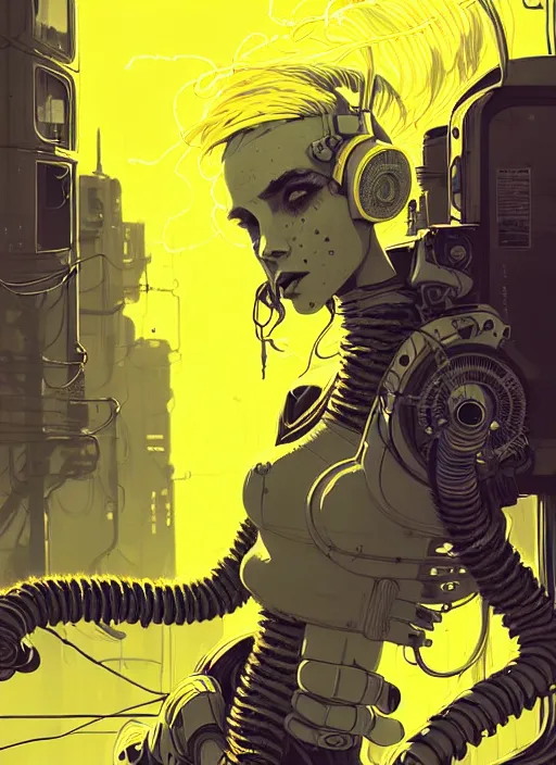 Image similar to highly detailed portrait of wasteland punk long curly bright yellow and white plasma electricity hair tribal lady, stray electric spark wiring by atey ghailan, james gilleard, by joe fenton, by greg rutkowski, by greg tocchini, by kaethe butcher, 4 k resolution, gradient yellow, black and white color scheme!!! ( ( lightning cloudy robotic dystopian city background ) )