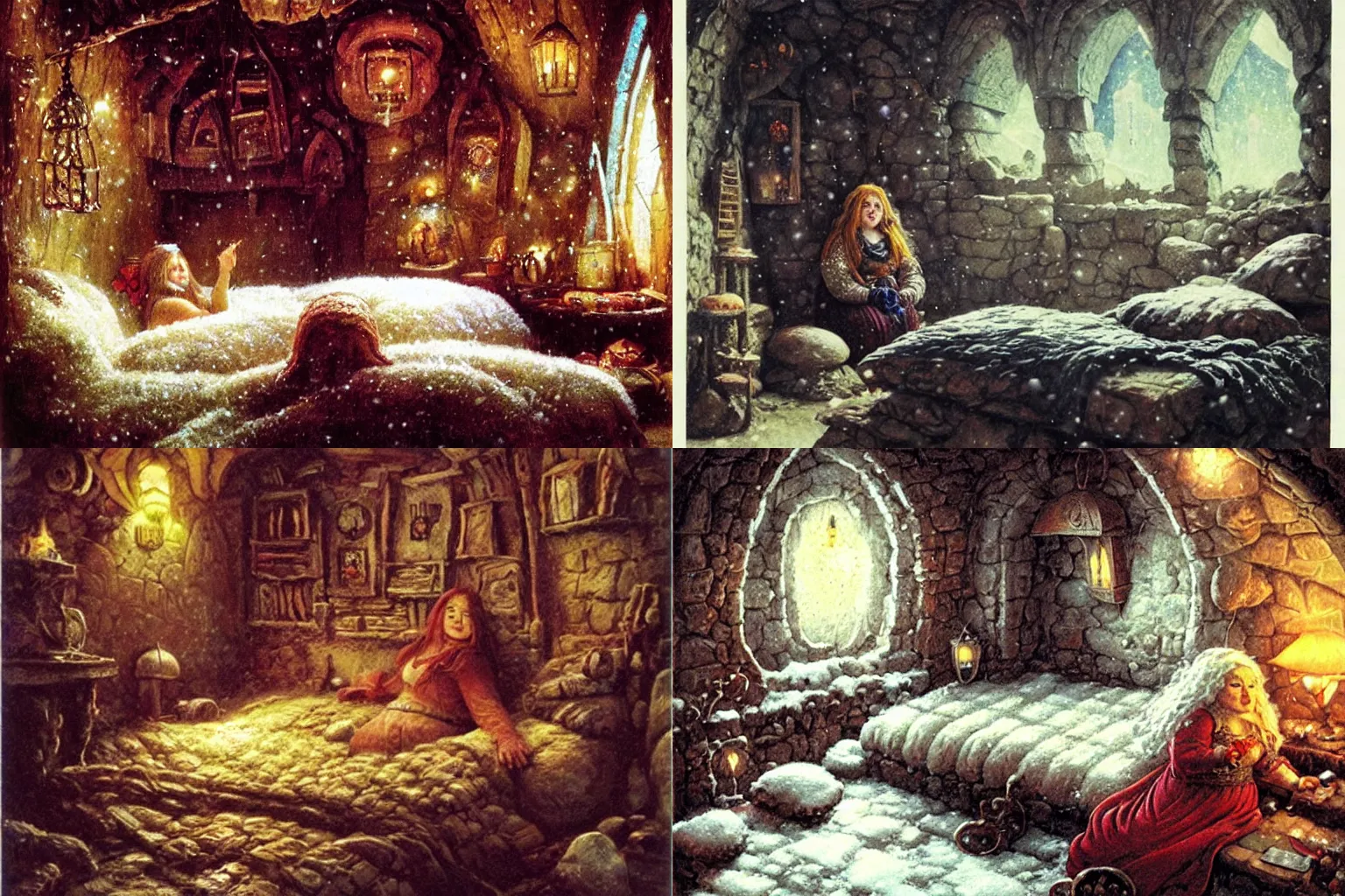 Prompt: a dwarven woman in her cozy stone bedroom at night, snowing outside, warm beautiful scene, comfortable atmosphere, cozy bed, short and chubby, jeff easley, brian froud, johan grenier, hyacinthe rigaud,