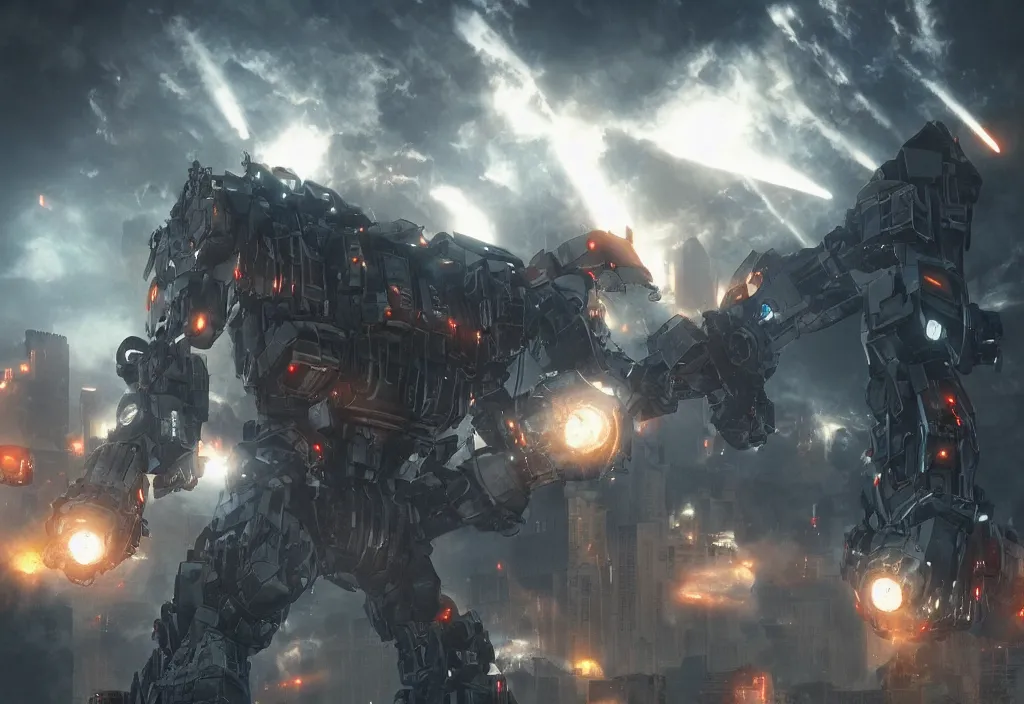 Image similar to mecha peron destroying a city, photorealistic, film, cinematic lighting, octane tender, volumetric light, dark - art