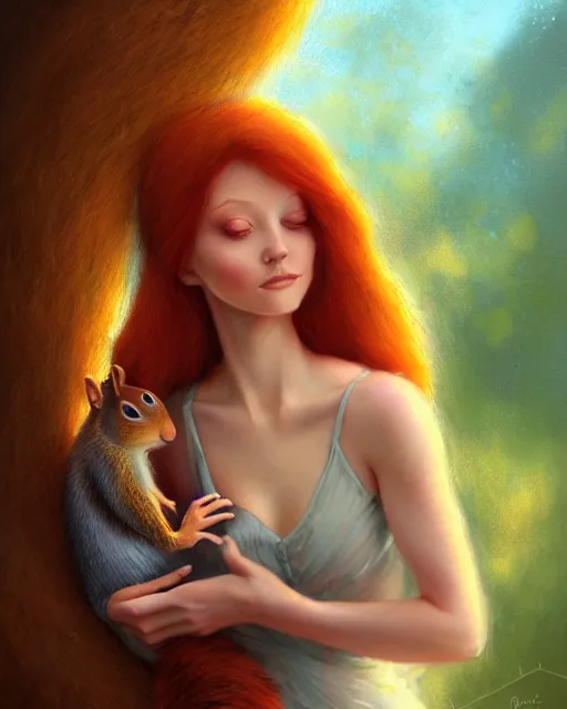 Prompt: ginger woman in sundress hugging cute squirrel, perfect face, cinematic, stunning, adorable, highly detailed, psychedelic, digital painting, artstation, smooth, hard focus, illustration, art by jessica rossier and and brian froud