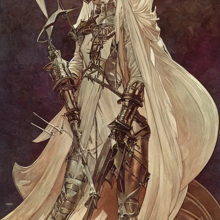 Image similar to teutonic knight, full body, high fashion, latex, rubber, sharp, flowing, slick, highly detailed, motion, concept art, smooth, sharp focus, hd, art by alphonse mucha and bruce pennington and annie leibovitz