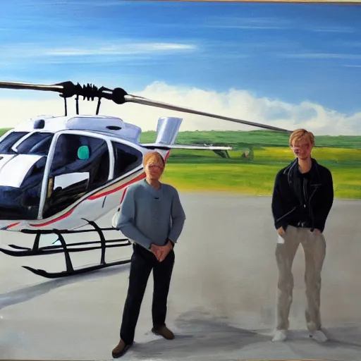 Image similar to painting of blonde swedish guy and tall korean guy in front or robinson r 4 4 helicopter