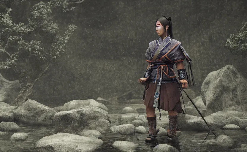 Prompt: highly detailed 3 d render of native japanese woman shinobi warrior standing in wet japanese village from sengoku period, surrounded by dense rock formations, high in mountains, blue night, cinematic lighting, photobash, raytracing, high contrast