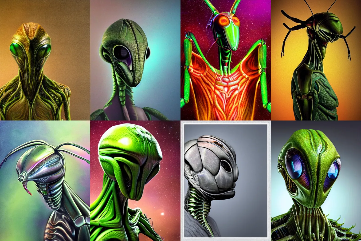 Image similar to organic alien in the form of mantis head, fullbody, hyperrealism, realistic photo, ultra detailed, surreal, heavy, technology, symmetrical front, dramatic lights, space parasite, frightening