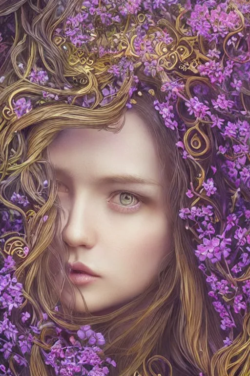 Image similar to elaborately detailed close up realistic portrait of an extremely beautiful girl with very long dark hair surrounded by flowers, an eerie mist and many ethereal rainbow bubbles, Aetherpunk, iridiscent geometry, high fantasy professionally painted digital art painting, fantasy matte painting movie poster, Art Nouveau, smooth, sharp focus, atmospheric lighting, highly detailed illustration highlights, backlight, golden ratio, 8K detail post-processing, symmetrical facial features, rich deep moody colors, majestic, dark epic fantasy, award winning picture, sense of awe, featured on DeviantArt, trending on cgsociety