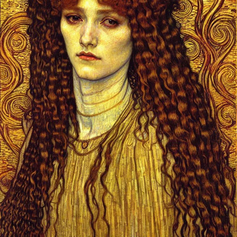 Image similar to detailed realistic beautiful young medieval queen face portrait by jean delville, gustav klimt and vincent van gogh, art nouveau, symbolist, visionary, gothic, pre - raphaelite, muted earthy colors, desaturated