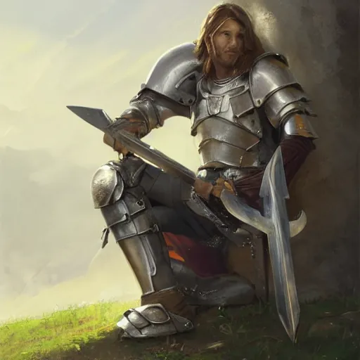 Image similar to 'A human male paladin in chainmail is resting on his knee with a greatsword in his hand, art by Greg Rutkowski, 4k'