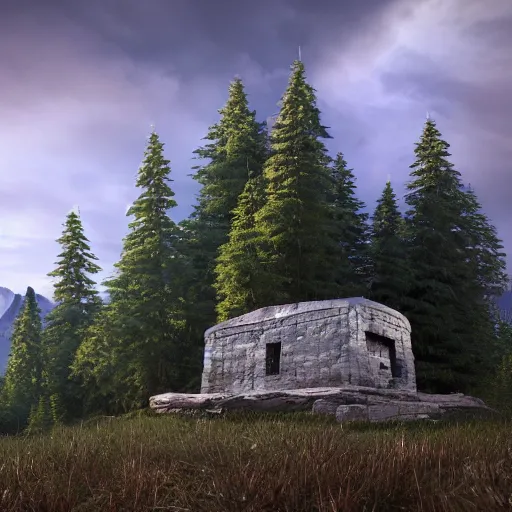 Image similar to an old lost Celtic ark made of stones, surrounded by a forest of tall pine trees, a mountain in the background, cloudy but bleu sky, photorealism, render with unreal engine, anamorphic lens flare, details, HD, 8k, cinematic