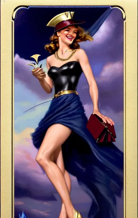 Image similar to a beautiful lady on a magic the gathering card by magali villeneuve and gil elvgren, crisp details, hyperrealism, smiling, happy, feminine facial features, stylish navy blue heels, gold chain belt, cream colored blouse, maroon hat, windblown, holding a leather purse, mtg card, mtg