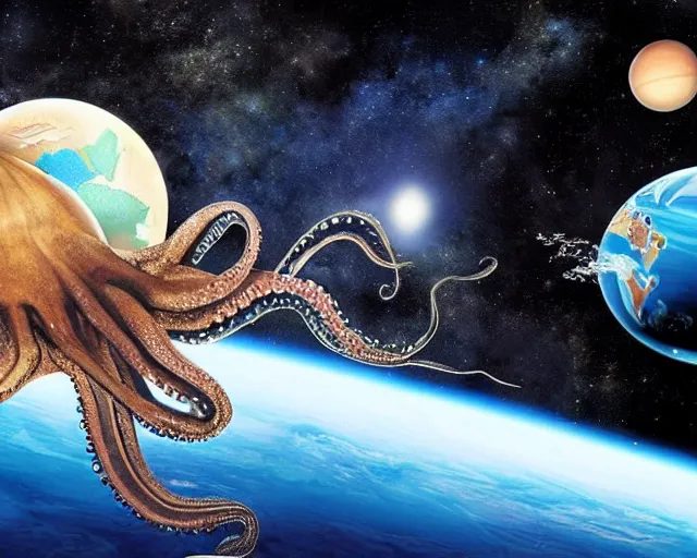 Image similar to an artist’s interpretation of an octopus in a space suit, floating in space next to a space shuttle, the earth planet in the background
