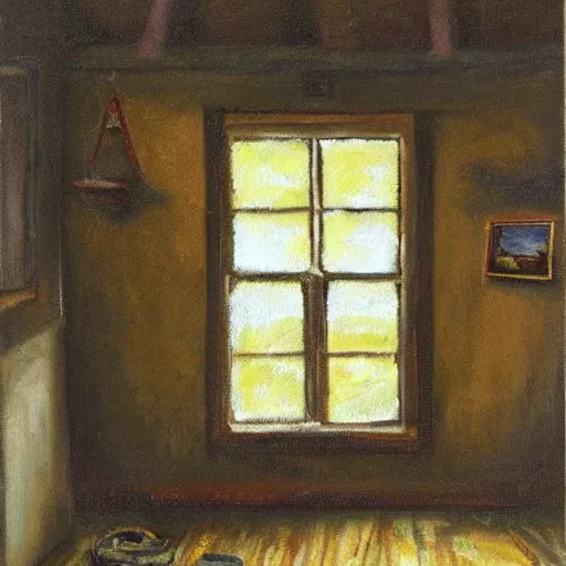 Prompt: oil painting of mostly empty cottage with one window. artistic. cozy. wooden floor. rustic