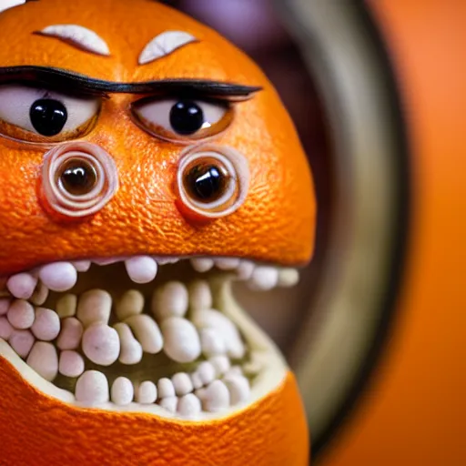 Image similar to a taxidermized annoying orange, in a museum, 8 5 mm lens, 7 0 mm entrance pupil diameter