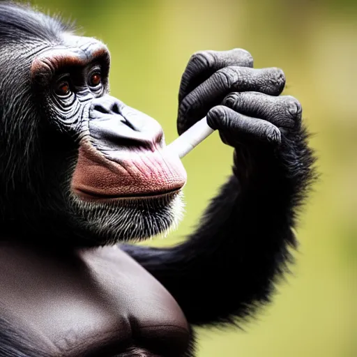 Image similar to a high detail shot of a chimp wearing a suit and smoking