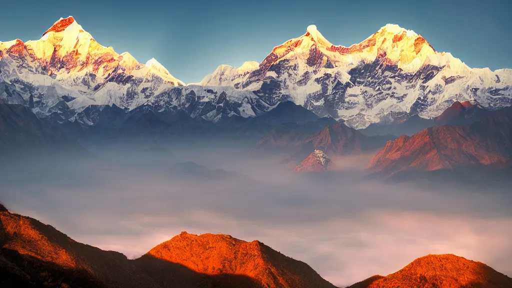 Prompt: Moody sunset picture of the Annapurna mountain range with McDonalds, large-format landscape photography