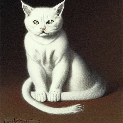 Image similar to white cat, art by hr giger!!!, gustave dore, artstation