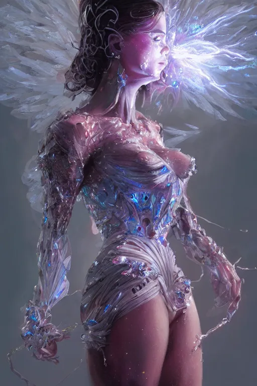 Image similar to torso closeup model wearing exploding ice crystal dress, sorcerer, diamonds, angel, fantasy, dramatic lighting, highly detailed, digital painting, holding electricity, magic the gathering, hyper detailed, 3 d render, hyper realistic detailed portrait, peter mohrbacher, wlop, ruan jia