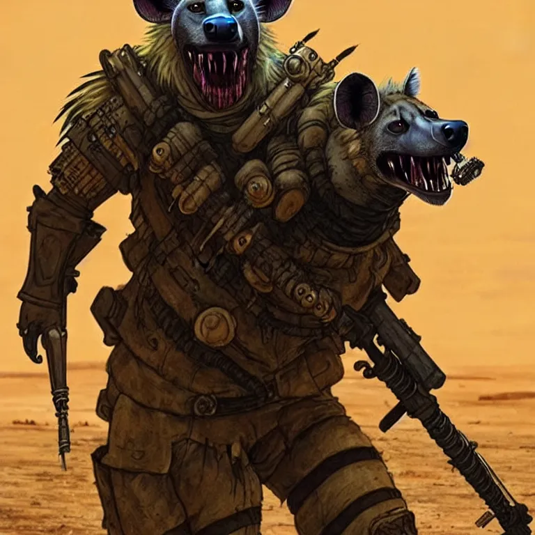 Image similar to a good ol'hyena fursona ( from the furry fandom ), heavily armed and armored facing down armageddon in a dark and gritty version from the makers of mad max : fury road. witness me.