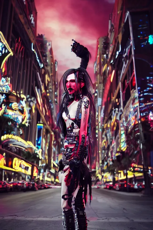 Prompt: full body portrait of a blood punk vampire on the las vegas strip at night, cinematic, hyper realism, high detail, octane render, 8k, cgsociety