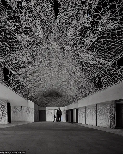 Prompt: brutalist architecture, made of intricate decorative lace leaf skeleton, in the style of the dutch masters and gregory crewdson, dark and moody