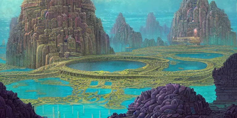 Prompt: a beautiful painting of the lost city of atlantis by amir zand, mœbius, and dan mumford ; moebius, jean giraud, trending on artstation, conceptartworld, hd, 8 k, 4 k, high def