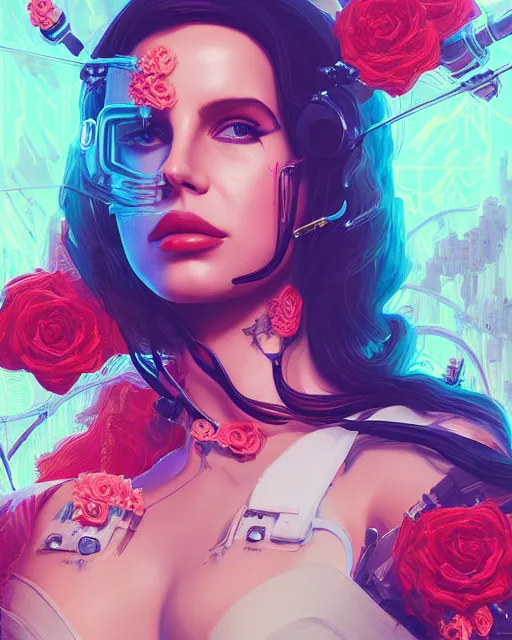 Image similar to portrait of lana del rey as a cyberpunk cyborg. roses, sci - fi, intricate abstract upper body intricate artwork, by tooth wu, wlop, beeple, dan mumford. concept art, octane render, deviantart, greg rutkowski, cinematic arthouse, key art, hyper realism, iridescent accents